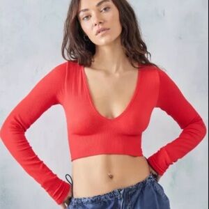 Urban Outfitters Red Ribbed Deep V Cropped Top
